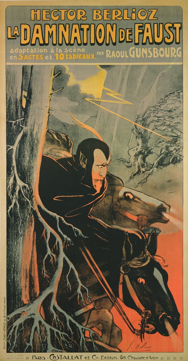 ملصق يعلن عن إنتاج "La Damnation de Faust" في باريس لهيكتور بيرليوز، ج.1910 (طباعة حجرية ملونة) بواسطة جورج الاسم المستعار إدموند فيرنير دولا