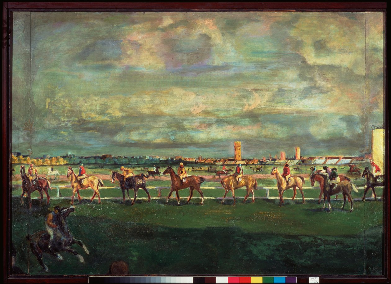 سباق الخيل (سباق الخيل) - لوحة لجورجي بوجدانوفيتش ياكولوف (1884-1928) ، زيت على خشب بواسطة جورجي بوجدانوفيتش ياكولوف
