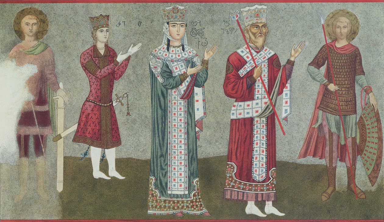 نسخة من لوحة جدارية تصور الملكة ثامار (1184-1213) ووالدها الملك جريجوري الثالث (1156-1184) بواسطة المدرسة الجورجية