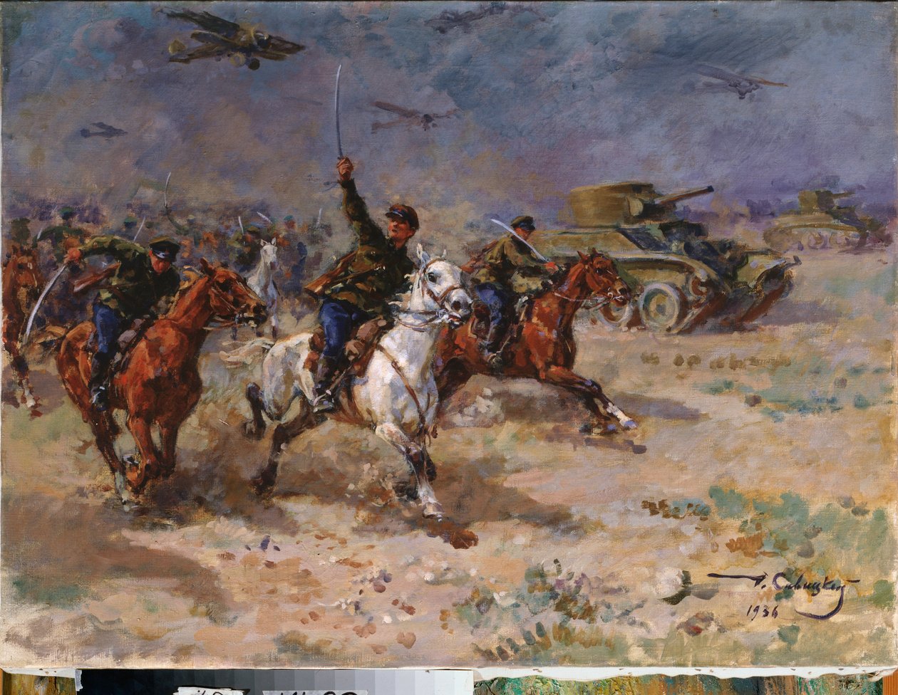 هجوم (دبابات وفرسان الجيش الأحمر أثناء ثورة أكتوبر) - هجوم - رسم لجورج (جورجي ، جورجي) كونستانتينوفيتش سافيتسكي (1887-1949) ، زيت على قماش بواسطة جورجي كونستانتينوفيتش سافيتسكي