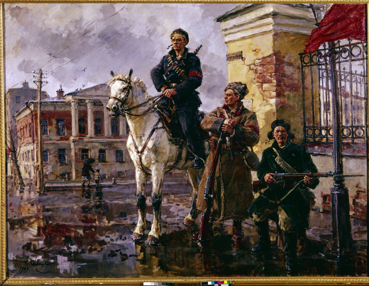 ثورة أكتوبر الروسية عام 1917: "" أول أكتوبر "(الأيام الأولى من أكتوبر). الاستيلاء على قصر الشتاء في سانت بطرسبرغ في 25 أكتوبر 1917 ، هجوم شنه الحرس الأحمر والبلاشفة. لوحة لجورج (جورجي ، جورجي) بواسطة جورجي كونستانتينوفيتش سافيتسكي