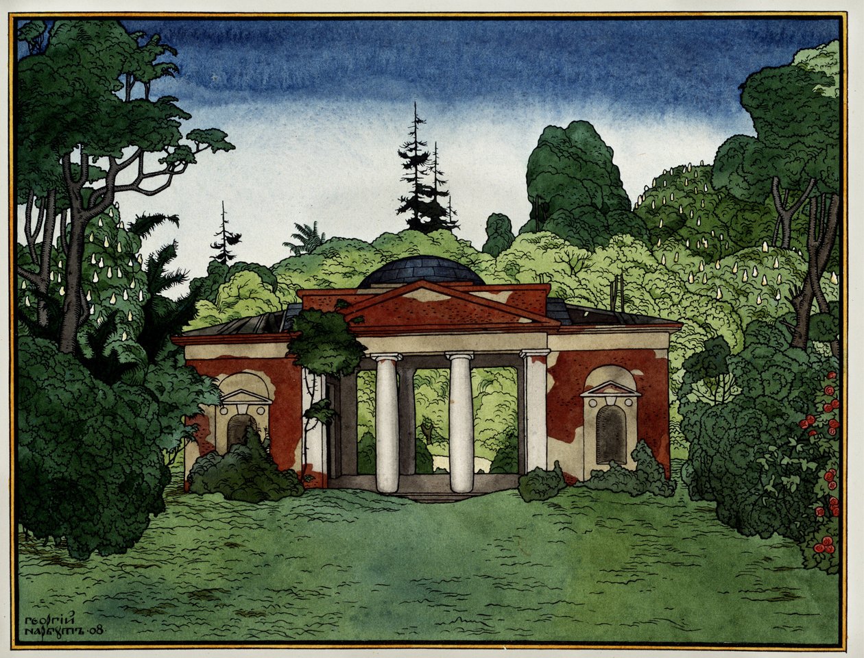 جناح في منطقة Tsaritsyno (موسكو ، روسيا) (جناح في حديقة Tsaritsino). عمل جورجي إيفانوفيتش ناربوت (1886-1920) ، حبر وألوان مائية على ورق بواسطة جورجي ناربوت