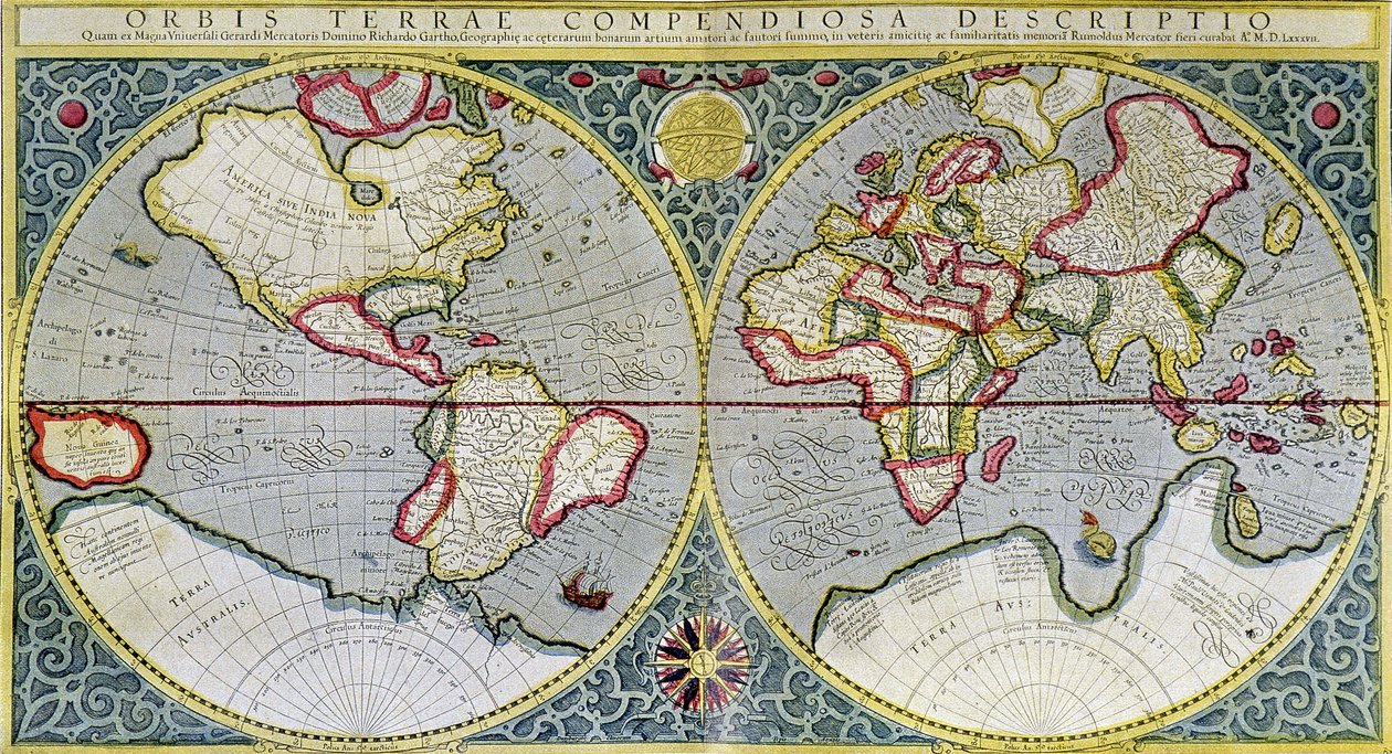 خريطة العالم لمركاتور (1587) - في "الكون والإنسانية" بقلم هـ. كريمر بواسطة جيرارد (بعد) مركاتور