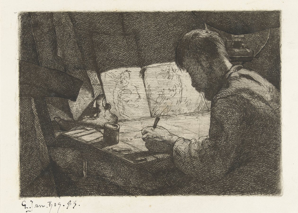 صورة شخصية خلف لوحة الرسم بواسطة جيرارد جان بوس (توقيع الفنان)