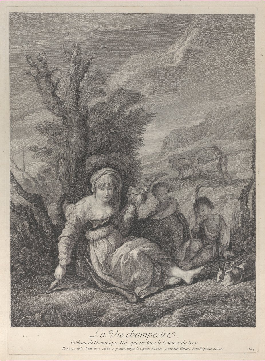 امرأة ريفية تجلس في منظر طبيعي مع ولدين إلى جانبها ، 1729-40. بواسطة جيرارد جان بابتيست سكوتين