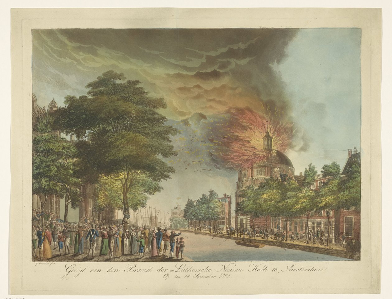 حريق في الكنيسة اللوثرية الجديدة على مبنى Singel بأمستردام ، 18 سبتمبر 1822 منظر لماركة Luthersche Nieuwe Kerk في أمستردام (العنوان على الجسم) بواسطة جيرارد أوفرمان