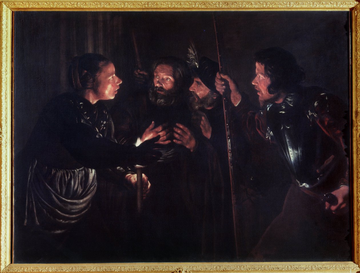 إنكار القديس بطرس. رسم جيرارد سيغيرس (1591-1651). زيت على قماش بواسطة جيرارد سيغيرز