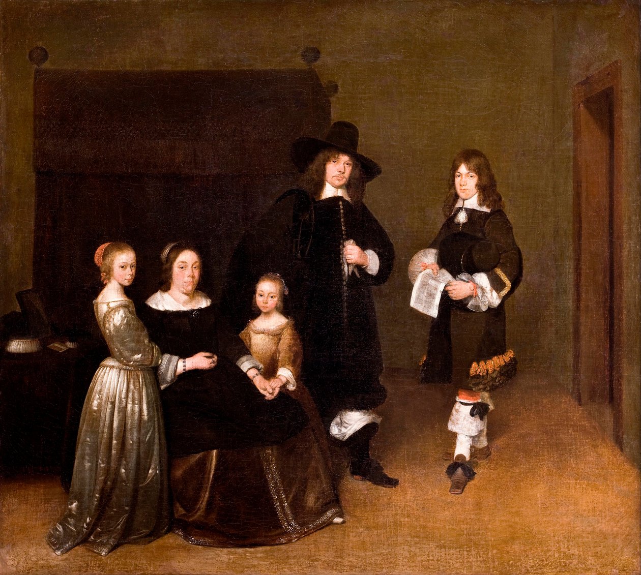 "بورتريه دي فاميلي" (صورة لعائلة) لوحة لجيرارد تير بورش (أو تيربيرج) الأصغر (1617-1681) - 1656 - ألوان زيتية على قماش ، مقاس 78 × 86.5 سم هالويلسكا ميوزيت ، ستوكهولم بواسطة جيرارد تير بورش