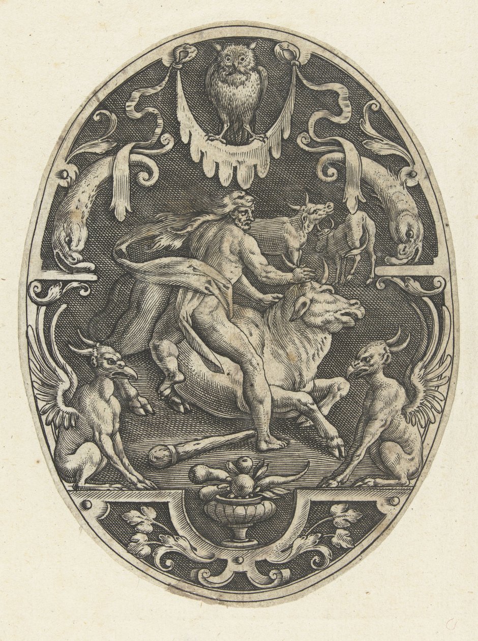 هرقل يمسك بالثور الكريتي الزخارف البيضاوية السطحية بأفعال هرقل في grotesques (عنوان السلسلة) بواسطة جيرارد دي جودي
