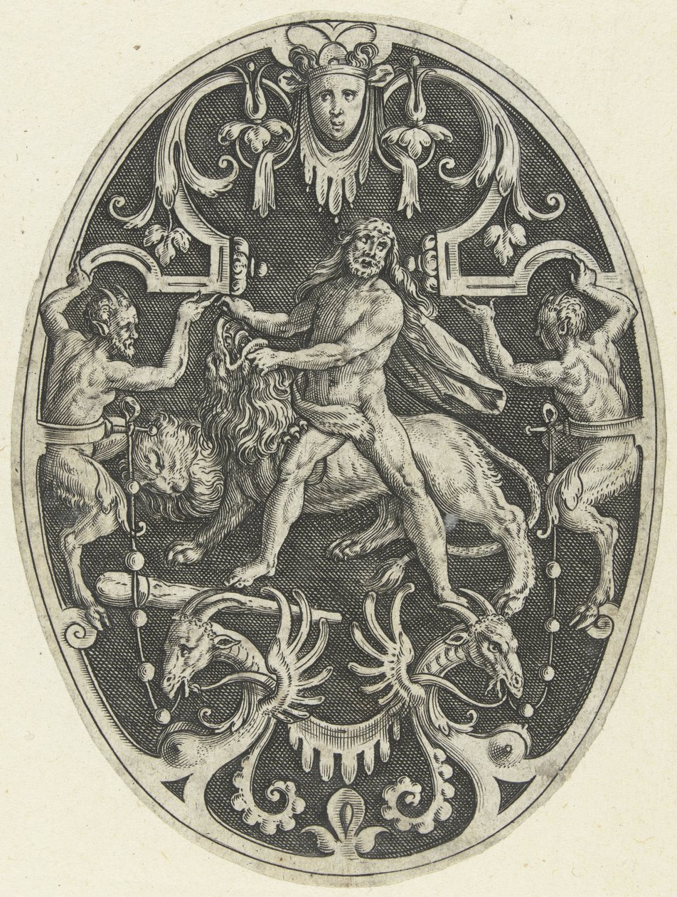 الزخرفة السطحية: هرقل والأسد النيمي الزخارف البيضاوية السطحية بأفعال هرقل في grotesques (عنوان السلسلة) بواسطة جيرارد دي جودي
