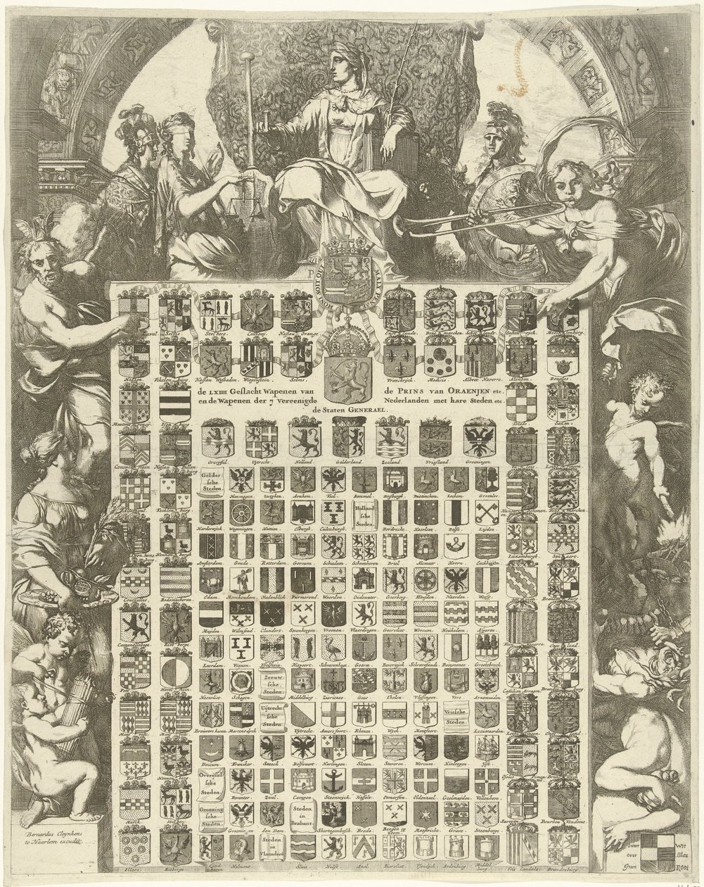 معاطف نبالة الأمير ويليم الثالث في إطار استعاري LXIIII Gender Arms of the Prince of Oraenjen وما إلى ذلك و Arms of the 7 United Netherlands مع مدنها وما إلى ذلك (العنوان على الكائن) بواسطة جيرارد دي لايرس