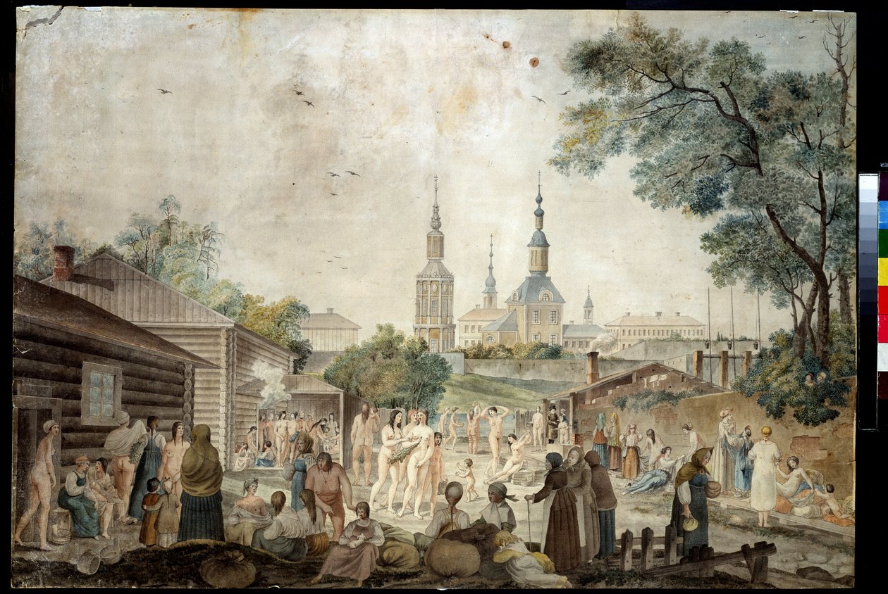 علاج حراري (ساونا) في موسكو (حمام علاجي في موسكو). رسم جيرارد دي لا بارث (نشط بين 1787 و 1810). لوحة مائية على ورق ، 45.7 × 66.7 سم ، حوالي عام 1790. الفن الفرنسي في القرن الثامن عشر. متحف المجموعات الخاصة في متحف A. Pushkin of Fine A بواسطة جيرارد دي لا بارث