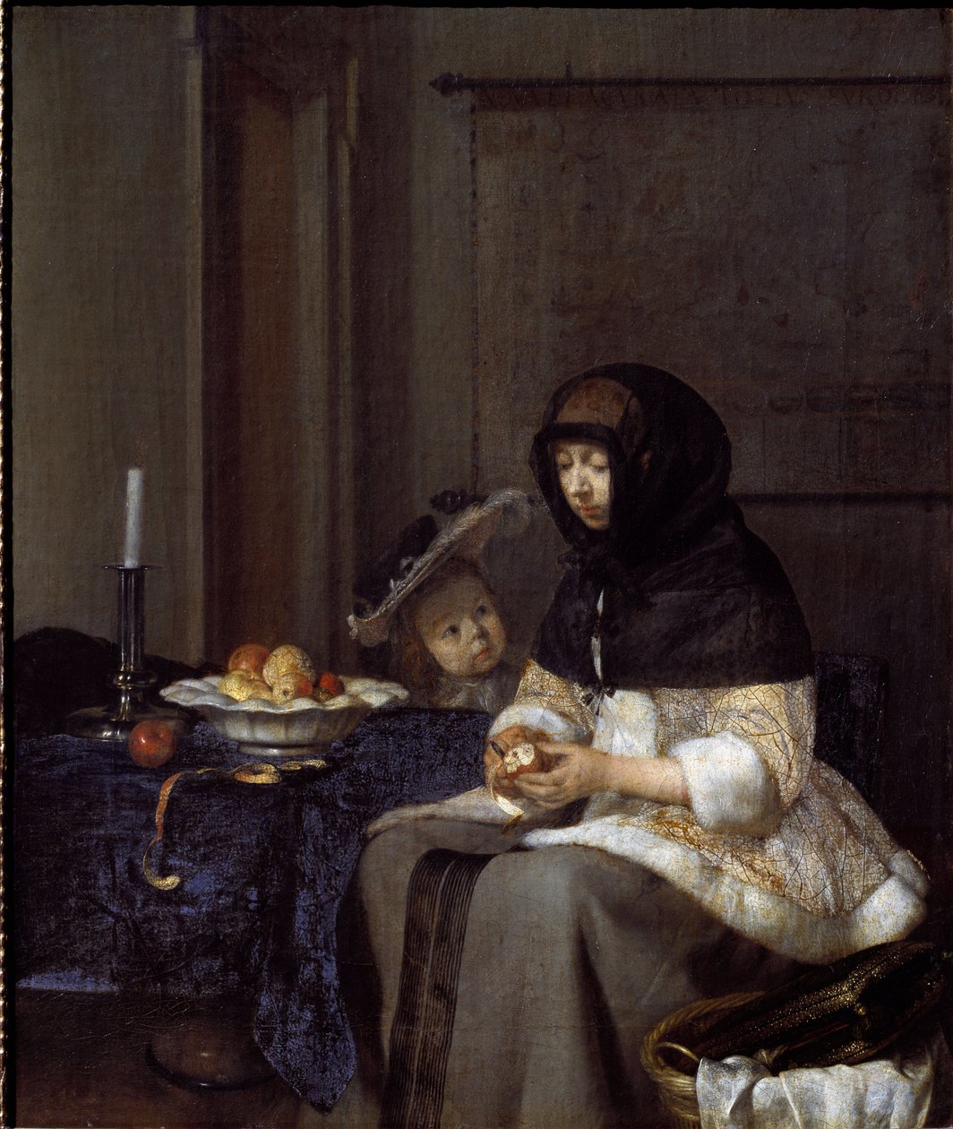 A mother peeling an apple (oil on canvas بواسطة جيرارد تير بورش