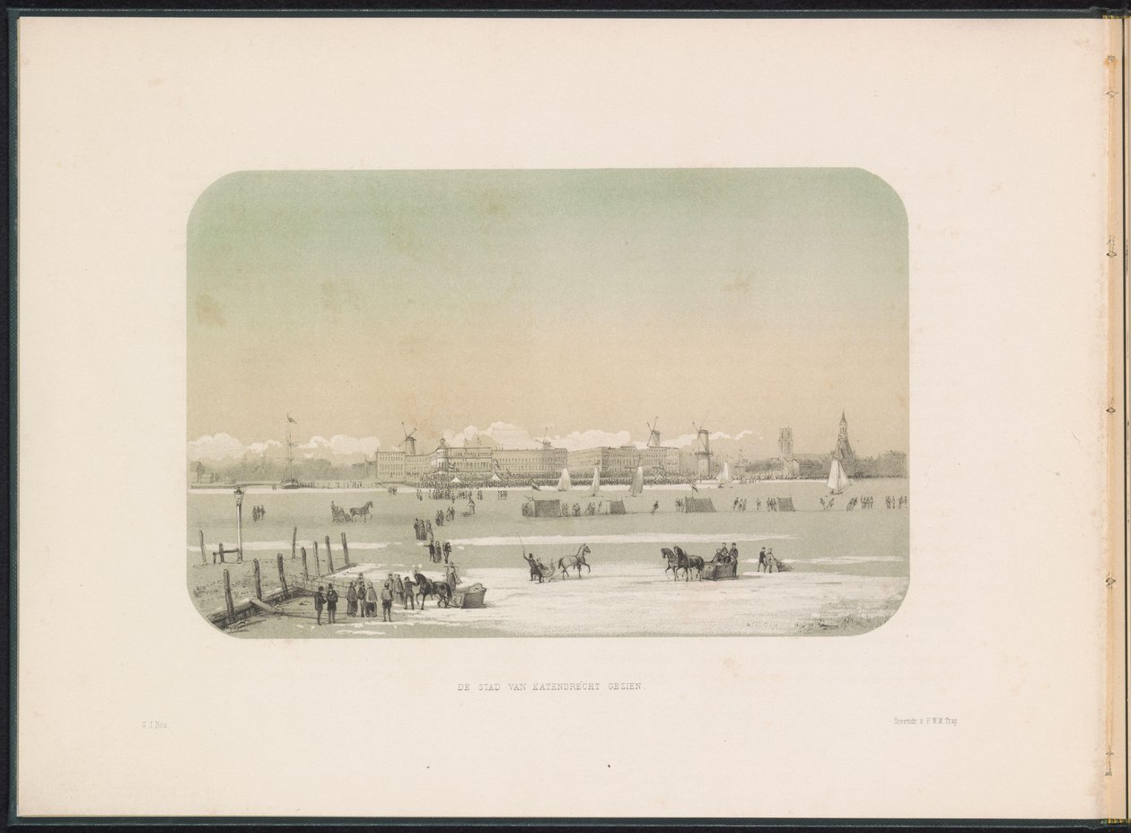 الترفيه على الجليد في ماس في روتردام ، شوهد من كاتيندريخت ، 1855 شوهدت مدينة كاتندريخت (العنوان على الجسم) الترفيه على الجليد في ماس في روتردام في فبراير 1855 ، مع تعليق (عنوان السلسلة على الكائن) بواسطة جيراردوس يوهانس بوس
