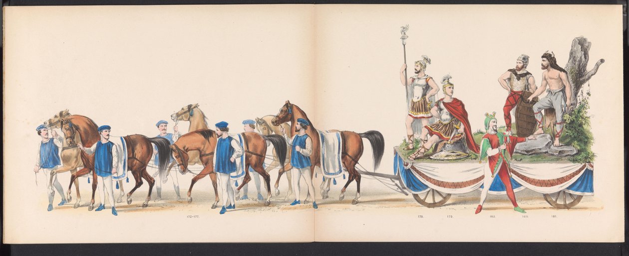 حفلة تنكرية لطلاب ليدن ، 1870 (اللوحة 15) موكب بالملابس أقامه أعضاء فيلق طلاب ليدن في 7 يونيو 1870 ، احتفالًا بالذكرى السنوية الـ 295 لمدرسة Leidsche Hoogeschool ، والتي تمثل زيارة إلى Leiden في بواسطة جيراردوس يوهانس بوس