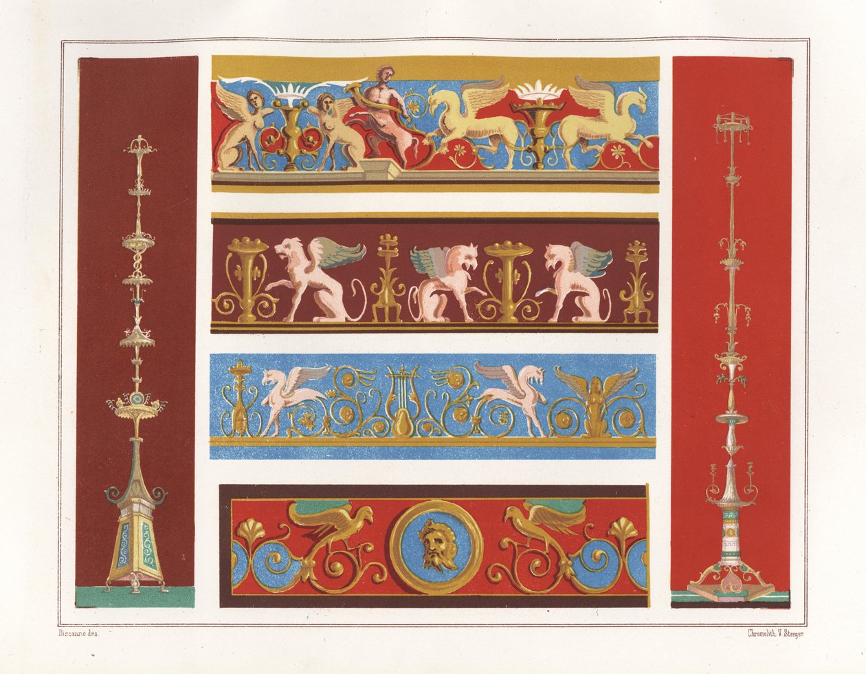 الشمعدانات (يسار) من Casa del Panettiere أو House of the Baker، VII.III.30، الشمعدانات (يمين) والإفريز (أعلى) من House of Caecilius Iucundus، VI26، أرابيسك مع غريفين من Casa dei Dioscuri أو House of Castor and بولوكس، VI.IX.6، وأورنا بواسطة جيريميا ديكانو