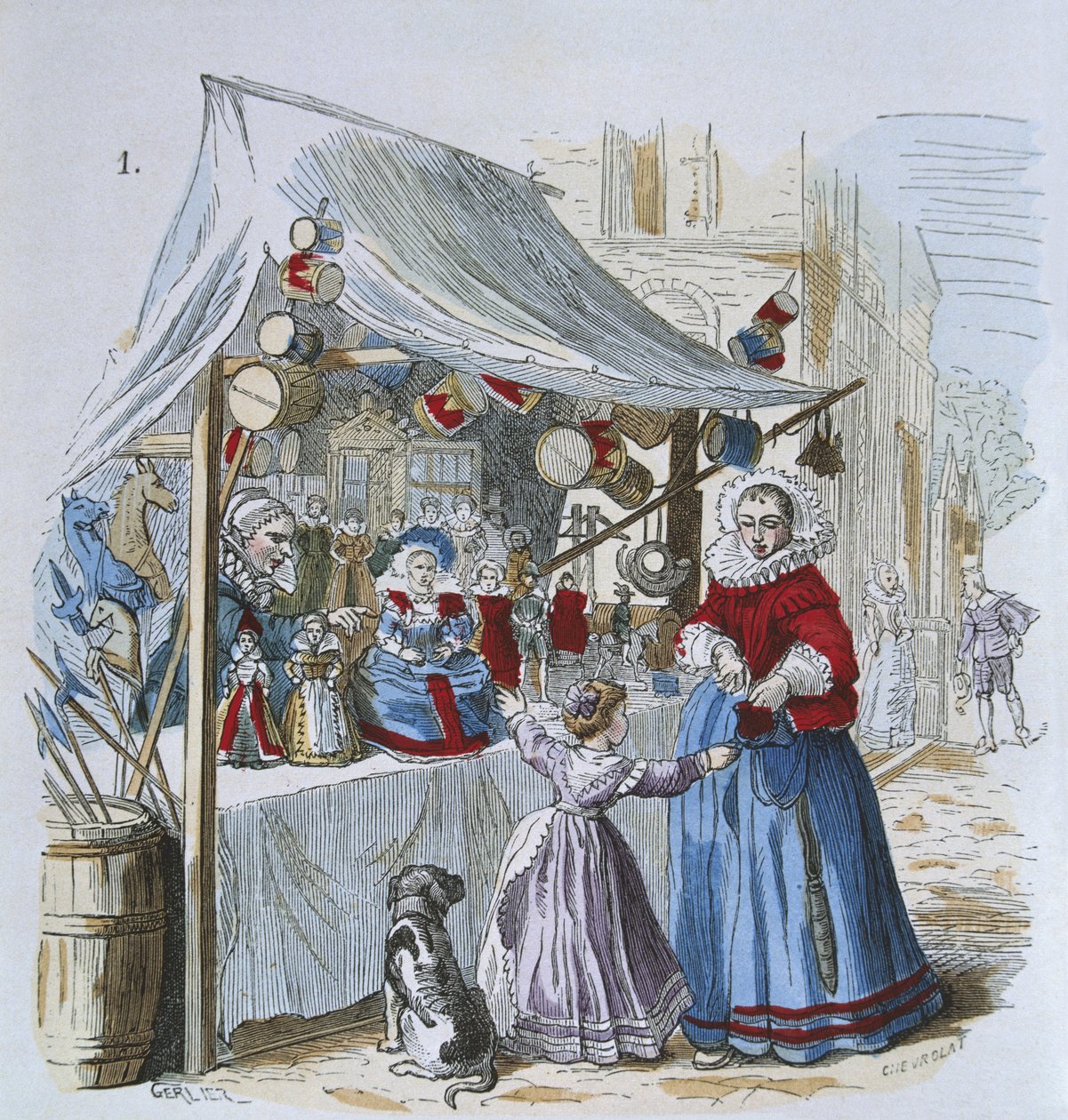 بائع ألعاب في القرن السادس عشر ، من فيلم "costumes de Paris a travers les siecles" (نقش الألوان) بواسطة جرلير