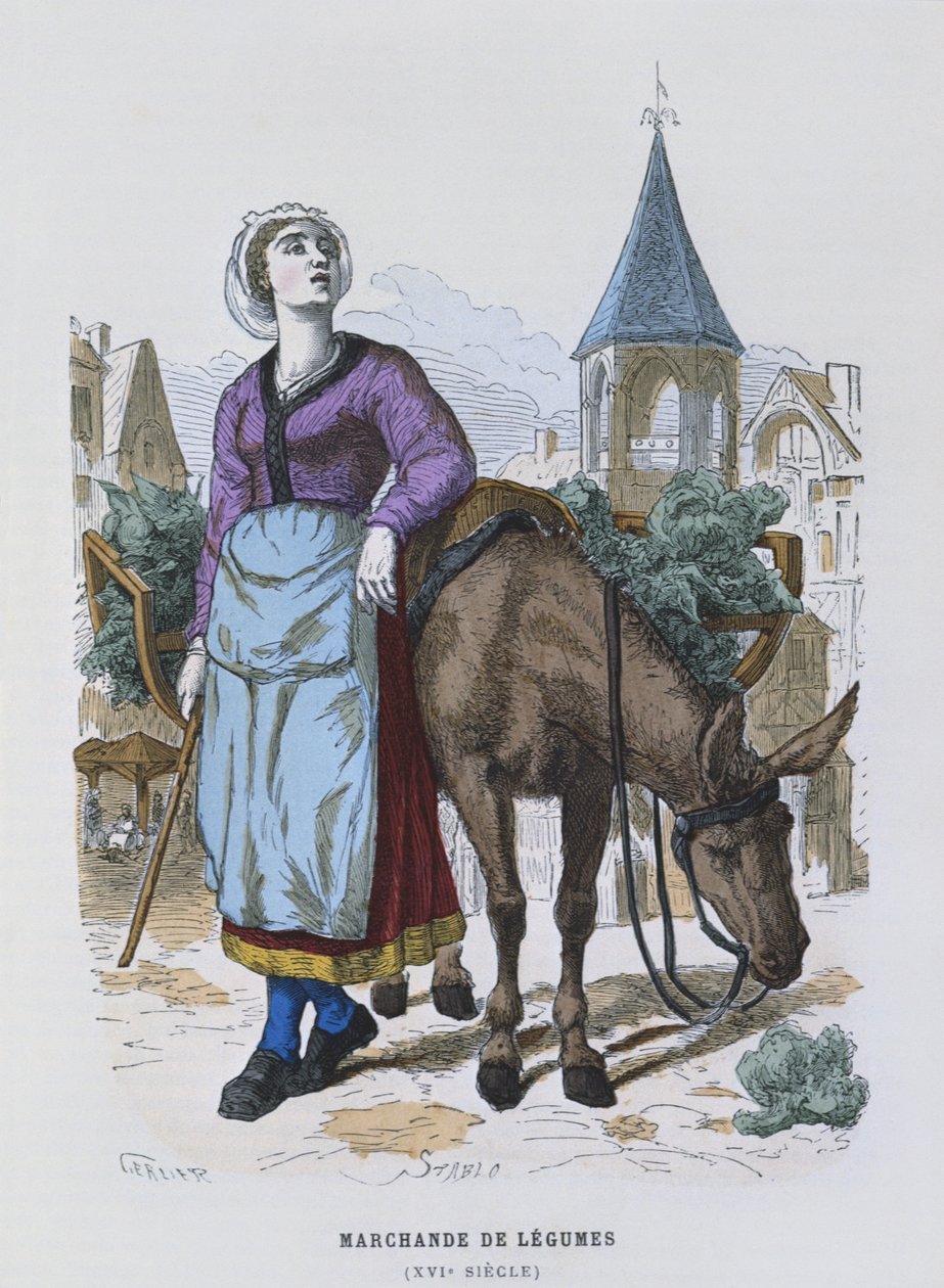 بائع الخضروات في القرن السادس عشر ، من "أزياء باريس ل travers les siecles" بواسطة جرلير