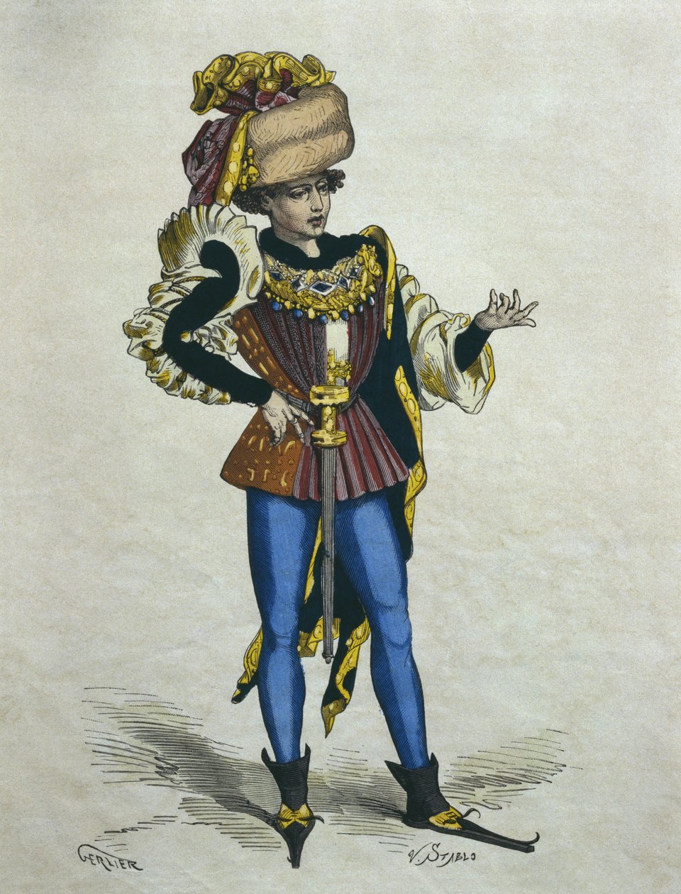 شاب أنيق في عام 1480 ، رسم توضيحي من `` أزياء باريس لسيارات السفر &39;&39; بقلم H. Gourdon de Genouillac ، منقوش بواسطة Stablo (القرن التاسع عشر) (نقش الألوان) بواسطة جرلير