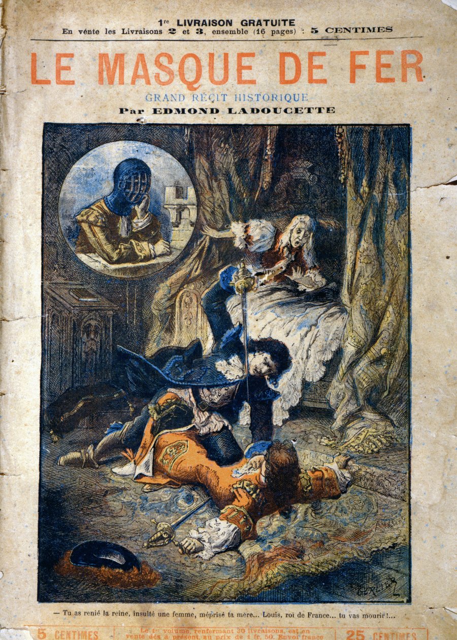 Le Masque de Fer ، غلاف رواية ادموند لادوسيتي ، نُشرت على أقساط في نهاية القرن التاسع عشر بواسطة جرلير