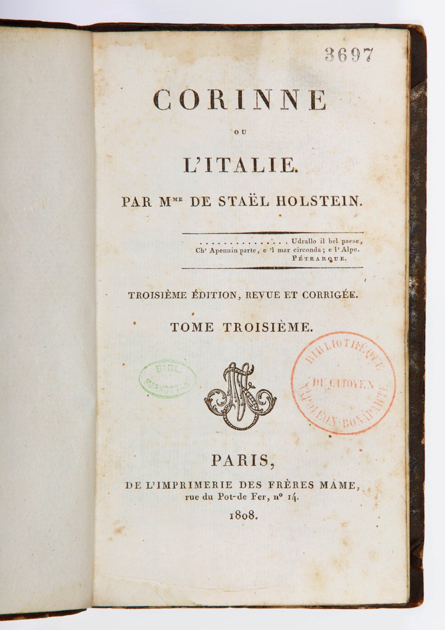 صفحة العنوان لكوريني أو إيطاليا ، الطبعة الثالثة المنقحة والموسعة ، المجلد الثالث ، Imprimerie des Freres Mame ، باريس ، 1808 (ورق مطبوع) بواسطة Germaine de Stael