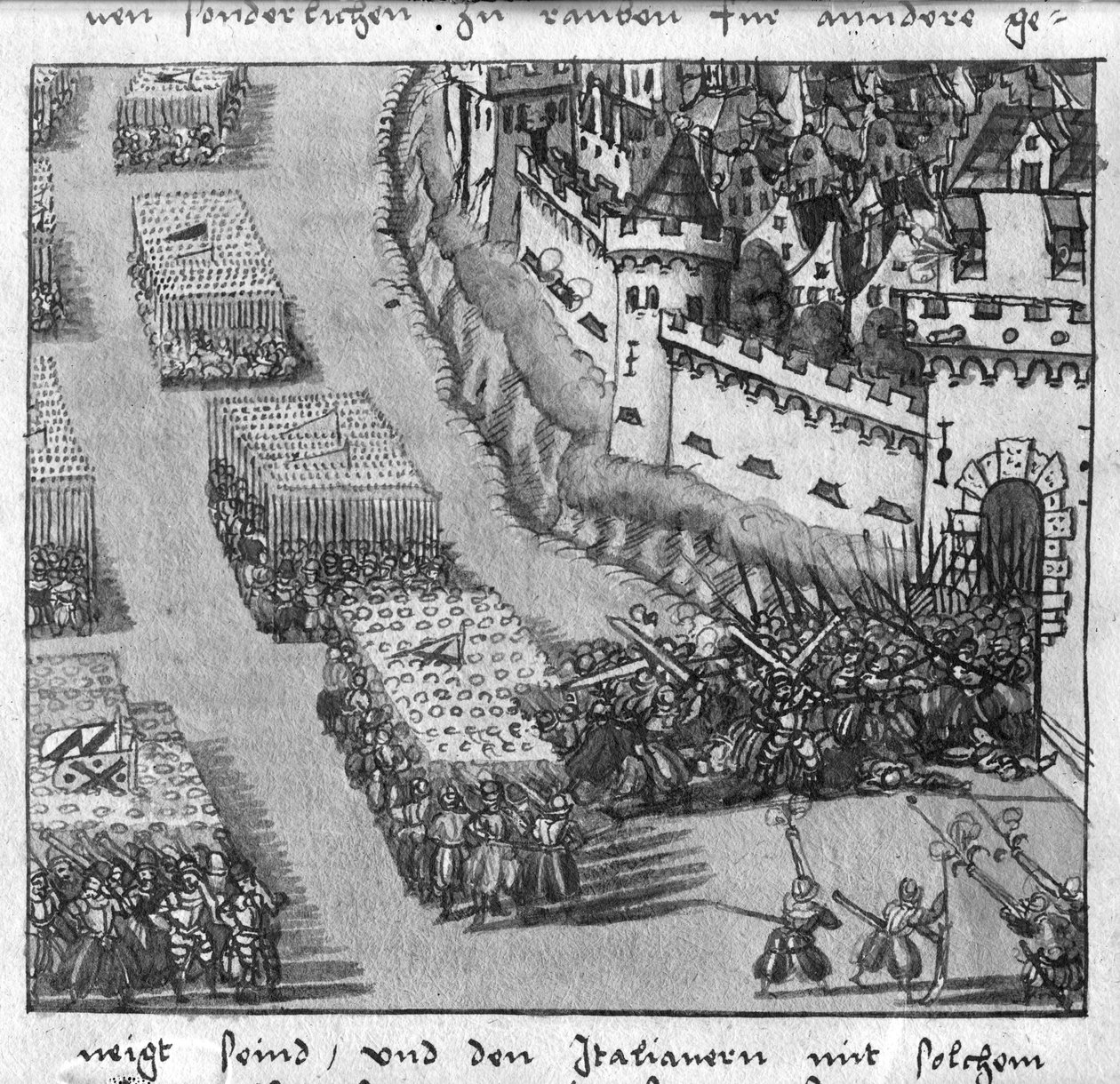 اعتداء على جيشين ، رسم توضيحي من "L&39;Art de l&39;Artillerie" بواسطة Wolff de Senftenberg ، أواخر القرن السادس عشر (قلم رصاص ومرحاض على الورق) بواسطة المدرسة الألمانية