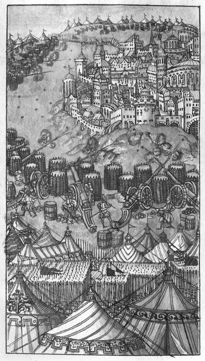 الهجوم على بلدة محصنة ، رسم توضيحي من "L&39;Art de l&39;Artillerie" بواسطة Wolff de Senftenberg ، أواخر القرن السادس عشر (قلم رصاص ومرحاض على الورق) بواسطة المدرسة الألمانية