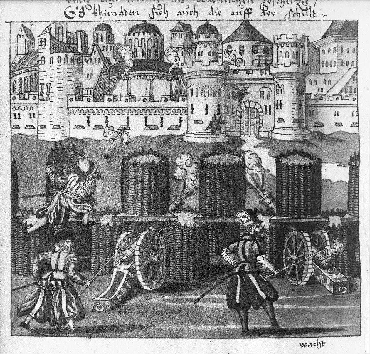 هجوم على بلدة محصنة ، رسم توضيحي من "L&39;Art de l&39;Artillerie" بواسطة Wolff de Senftenberg ، أواخر القرن السادس عشر (قلم رصاص ومرحاض على الورق) بواسطة المدرسة الألمانية