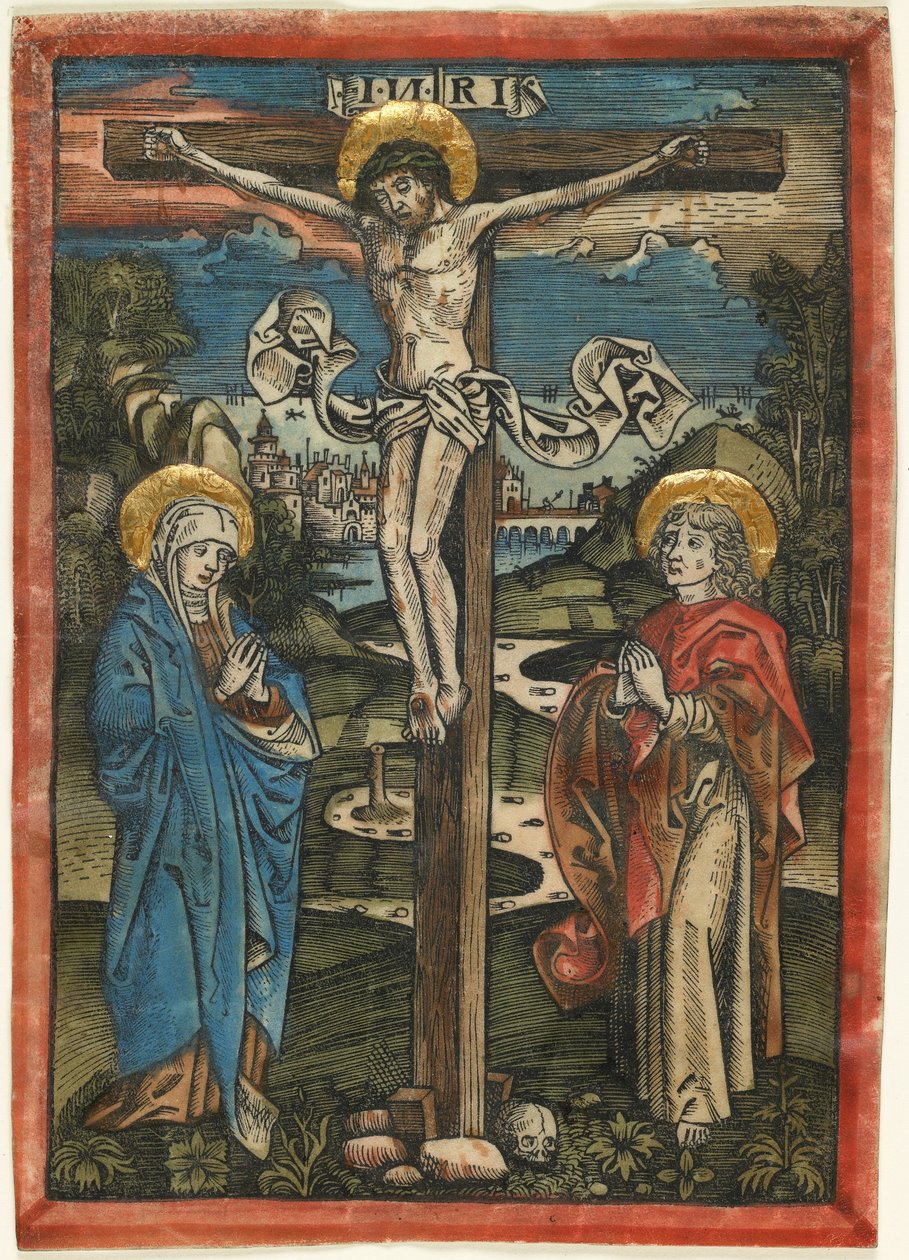 المسيح على الصليب مع ماري وسانت جون ، من Missale Defunctorum ، c ، 1499 (قطع خشبية ملونة على الرق) بواسطة المدرسة الألمانية