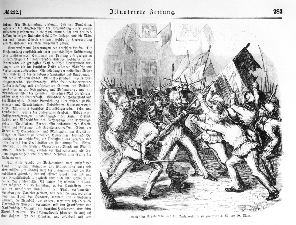 قتال بين الجمهوريين وأعضاء البرلمان في فرانكفورت أم ماين في 30 مارس 1848 ، التوضيح من "إيلوستريرت تسايتونج" بواسطة المدرسة الألمانية