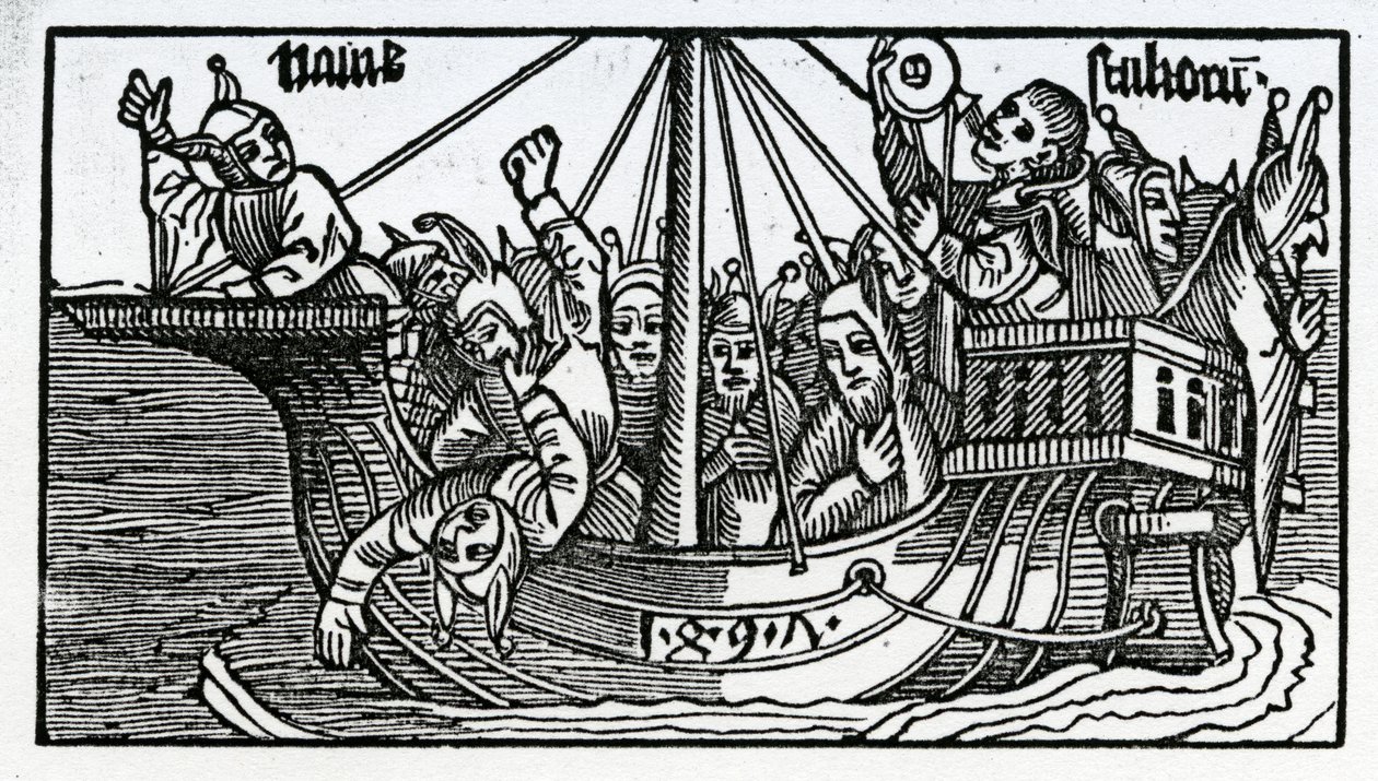 الواجهة الأمامية للترجمة الإنجليزية لطبقة The Ship of Fools من سيباستيان براندت ، نُشرت عام 1874 بواسطة المدرسة الألمانية
