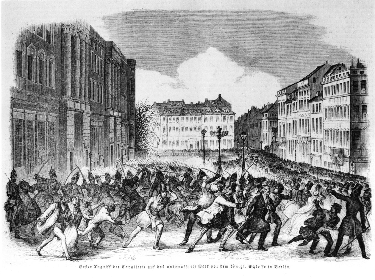 تمرد في برلين في أبريل 1848 ، رسم توضيحي من "إيلوستريرت تسايتونج" بواسطة المدرسة الألمانية