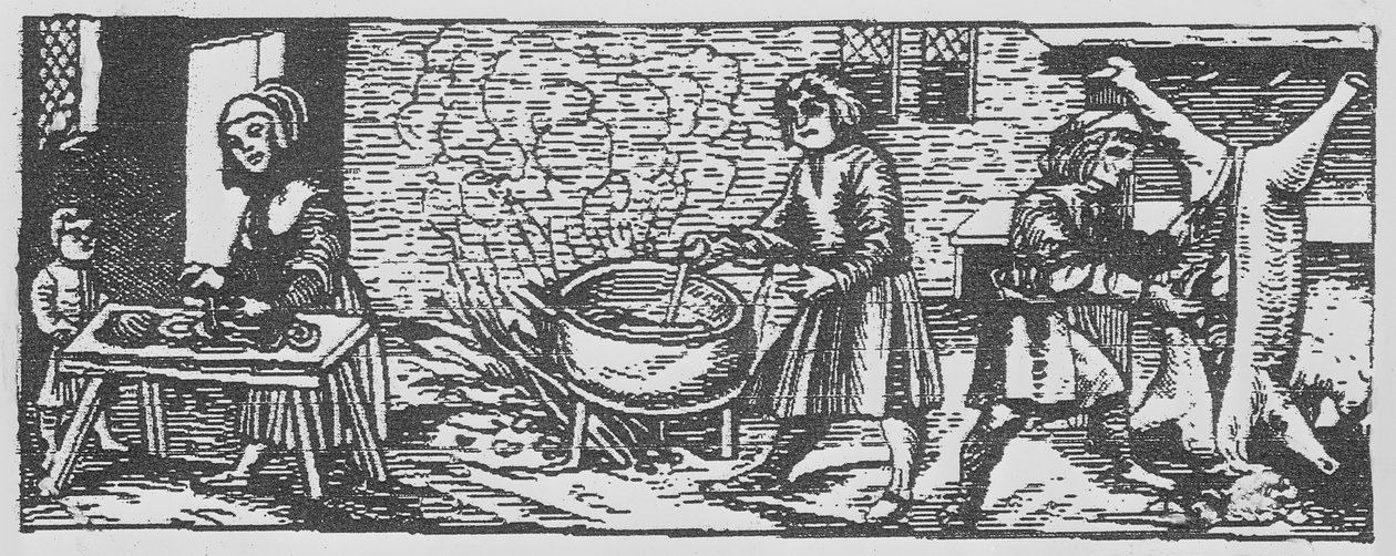الجزء الداخلي للمطبخ ، من "Calendarium Romanum" لجان Staeffler ، مطبوعة Tubingen ، ألمانيا ، 1518 بواسطة المدرسة الألمانية