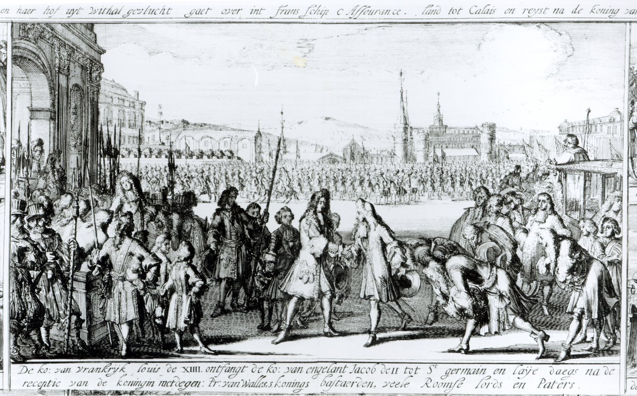 الملك لويس الرابع عشر (1638-1715) يستقبل جيمس الثاني (1633-1701) في سان جيرمان أونلي بواسطة المدرسة الألمانية