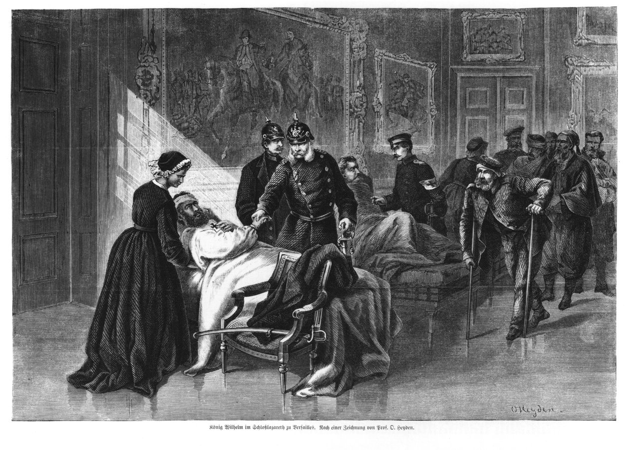 الملك فيلهلم الأول (1797-1888) يزور المستشفى في شاتو دو فرساي ، رسم توضيحي من "إيلوستريرت تسايتونج" بواسطة المدرسة الألمانية