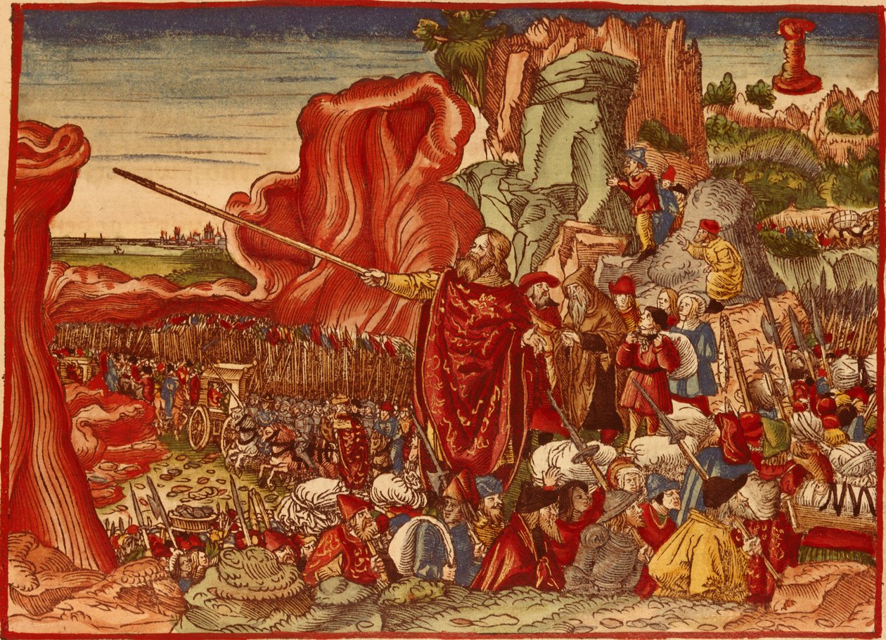 موسى يفترق البحر الأحمر ، صورة من الكتاب المقدس لوثر (طباعة ملونة باليد) بواسطة المدرسة الألمانية