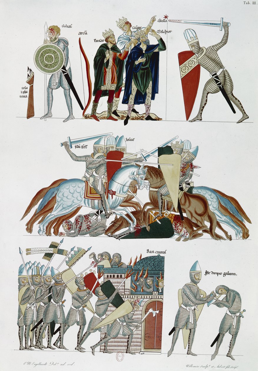 السيدة Facs 227 pl.3 المجوس ، معركة جوشوا وحصار دان ، من Hortus Deliciarum بواسطة Herrade de Landsberg ، نسخة طبق الأصل من مخطوطة من القرن الثاني عشر (قلم وحبر ومرحاض على ورق) بواسطة المدرسة الألمانية