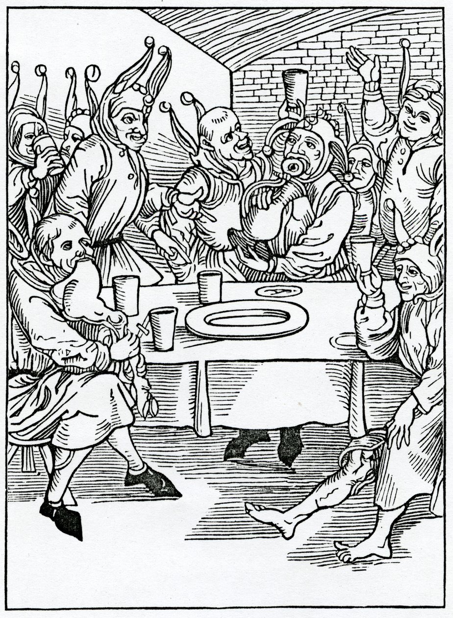 من الجلوتونات و dronkardes ، توضيح من ترجمة ألكسندر باركلي الإنجليزية لـ "The Ship of Fools" ، من طبعة نشرت في عام 1874 بواسطة المدرسة الألمانية