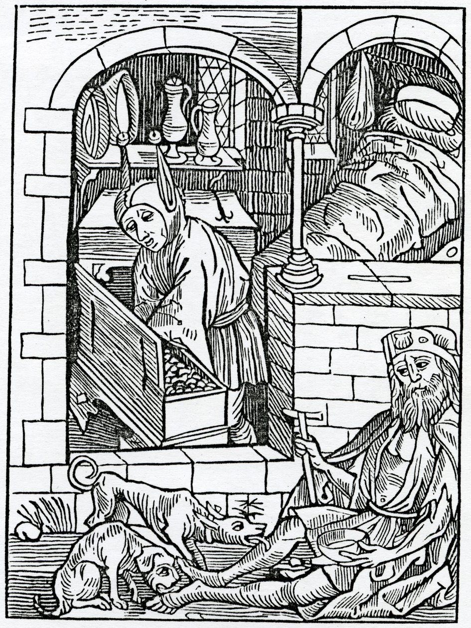من ryches غير مربح ، رسم توضيحي من ترجمة ألكسندر باركلي الإنجليزية لـ "The Ship of Fools" ، من طبعة نشرت في عام 1874 بواسطة المدرسة الألمانية