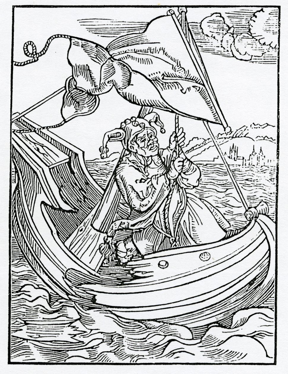 من despysynge من mysfortune ، توضيح من ترجمة ألكسندر باركلي الإنجليزية لـ "The Ship of Fools" ، من طبعة نشرت في عام 1874 بواسطة المدرسة الألمانية