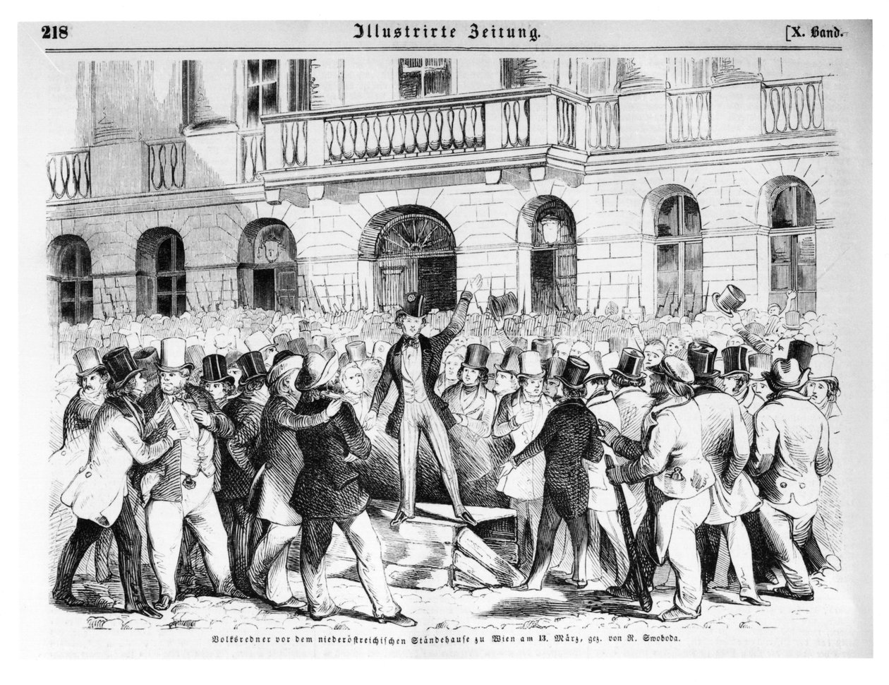 ثورة في فيينا في 30 مارس 1848 ، رسم توضيحي من "إيلوستريرت تسايتونج" بواسطة المدرسة الألمانية