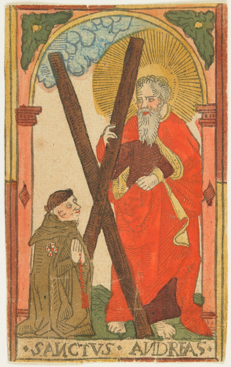 سانت أندرو مع راهب (Elsass) ، c.1500 (قطع خشبية ملونة) بواسطة المدرسة الألمانية