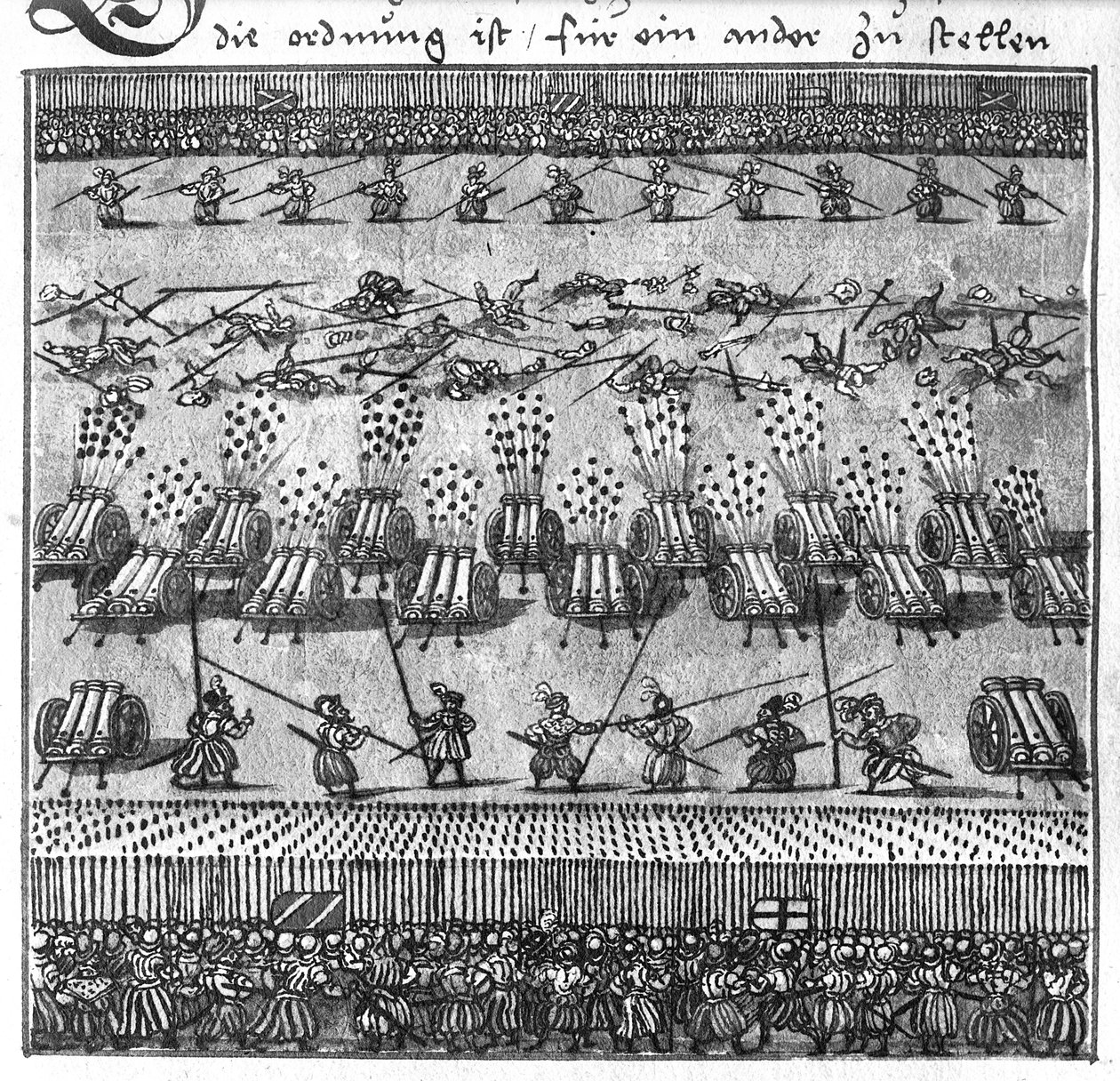 الاستخدام التكتيكي للمدفعية: إطلاق مباشر ، رسم توضيحي من &39;L&39;Art de l&39;Artillerie&39; بواسطة Wolff de Senftenberg ، أواخر القرن السادس عشر (قلم رصاص ومرحاض على ورق) بواسطة المدرسة الألمانية