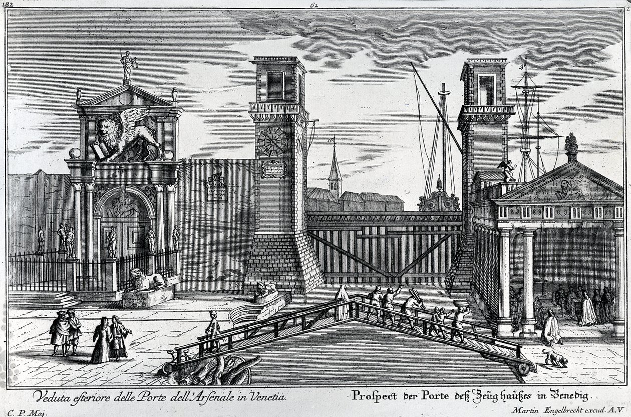 منظر للبوابات عند مدخل آرسنال في البندقية ، نشره مارتن إنجلبرخت ، c.1740s بواسطة المدرسة الألمانية