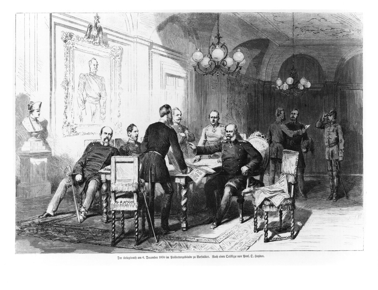مجلس الحرب في ولاية فرساي في 6 ديسمبر 1870 ، توضيح من "إيلوستريرت تسايتونج" ، 1871 بواسطة المدرسة الألمانية
