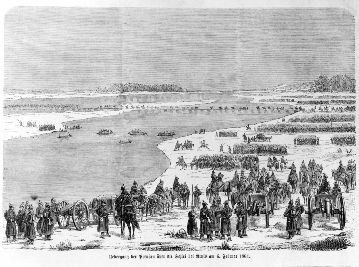 حرب الدوقات ، الجيش البروسي يعبر Shlei في Arnis ، توضيح من "Illustrierte Kriegsberichte aus Schleswig-Holstein" ، 1864 بواسطة المدرسة الألمانية