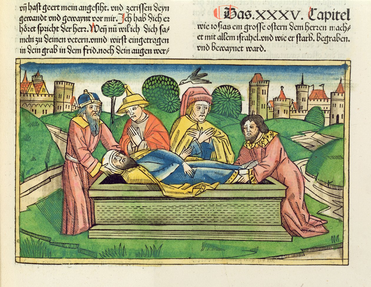 ٢ أخبار ٣٥ ٢٤ دفن يوشيا من الكتاب المقدس نورمبرغ (Biblia Sacra Germanaica) (قطع خشبية ملونة) بواسطة المدرسة الألمانية