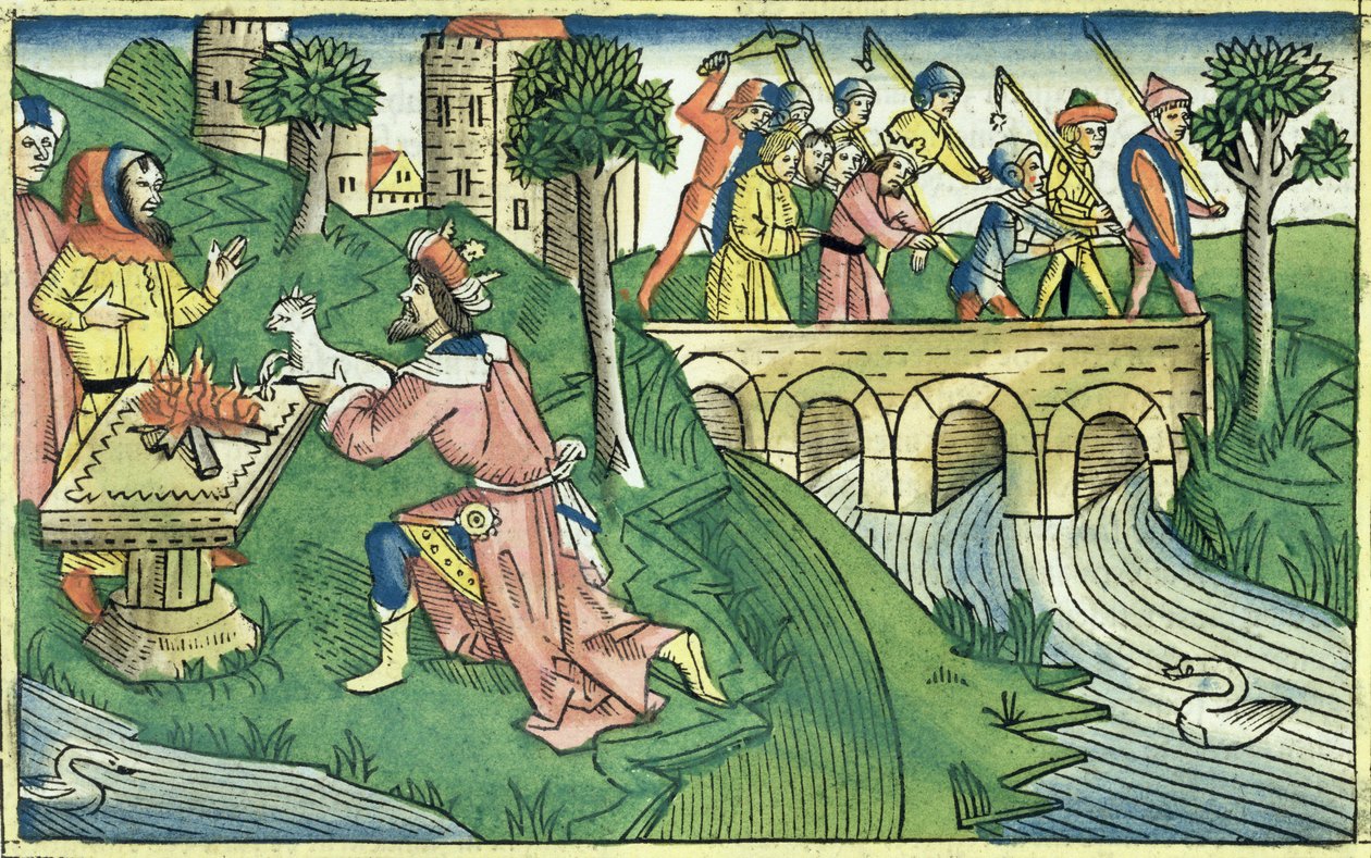 2 ملوك 16 9-16 تم أسر أهل دمشق من كتاب نورمبرغ (Biblia Sacra Germanaica) (قطع خشبية ملونة) بواسطة المدرسة الألمانية