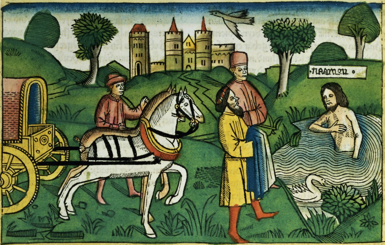 2 ملوك 5 14 تطهير نعمان ، من الكتاب المقدس نورمبرغ (Biblia Sacra Germanaica) (قطع خشبية ملونة) بواسطة المدرسة الألمانية