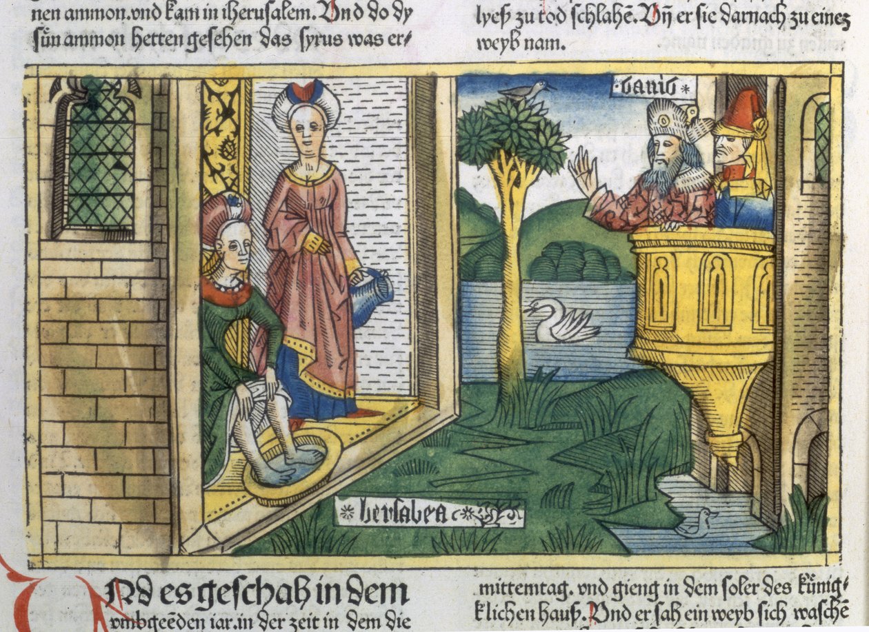 2 صموئيل 11 1-5 يرى داود الاستحمام بثشبع ، من كتاب نورمبرغ (Biblia Sacra Germanaica) (قطع خشبية ملونة) بواسطة المدرسة الألمانية